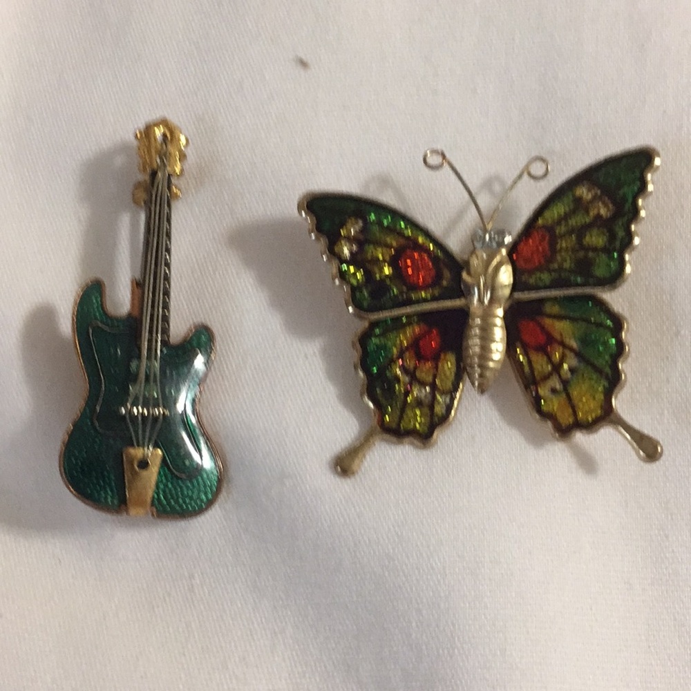 Vintage butterfly and guitar pins